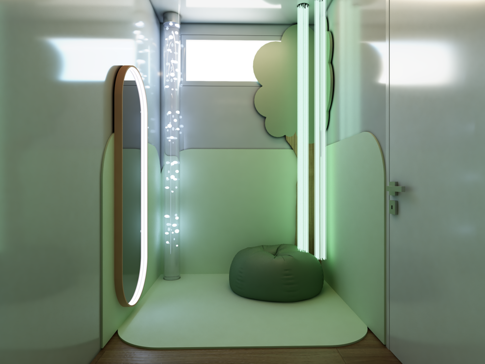 Sala de descompressão com iluminação suave e puff