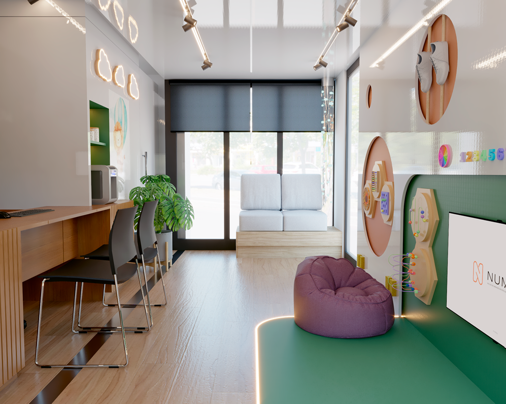 Recepção com espera, bancada e painel sensorial