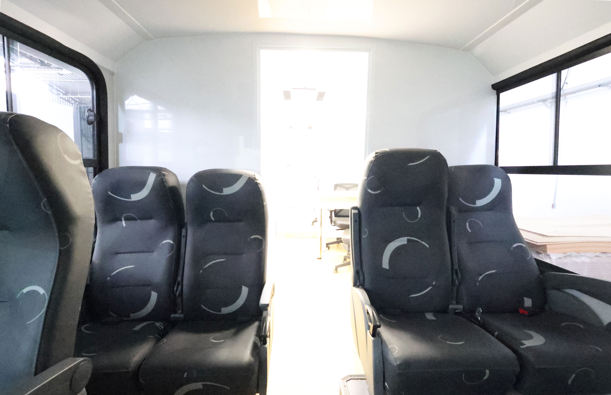 Interior of the cab and crew seats in the mobile unit