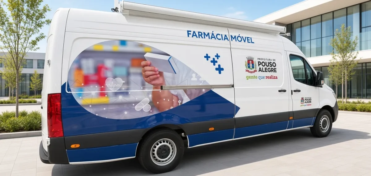 Farmácia Móvel da Prefeitura de Pouso Alegre (MG): furgão branco plotado em azul, desenvolvido pela Eco X .